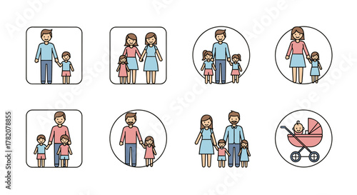 Collection of stylized, flat vector icons representing diverse family structures and parenting concepts, including parents with children, same-sex parents, single parents, and a baby in a stroller