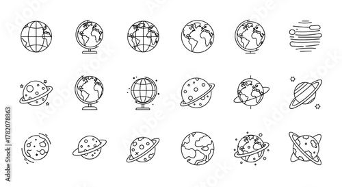 Modern outline style icons of globes and planets, perfect for design projects, cards, apps, and social networks. This ordered set of vector cartoon illustrations on a white background offers a clean