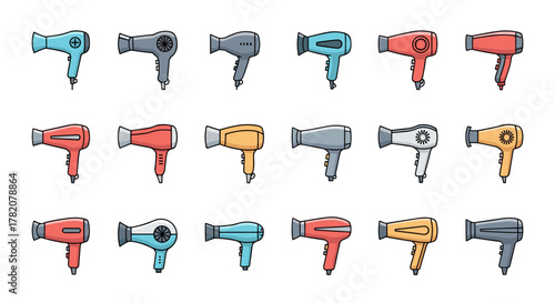 Collection of colorful, minimalistic, cartoon-style hair dryers presented on a clean white background, ideal for web, graphic design, apps, banners, social networks, and cards, offering a vibrant and