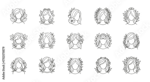 Collection of 15 hand-drawn line art icons featuring faceless women adorned with various floral arrangements and leafy wreaths, presented on a clean white background, ideal for logos and branding.