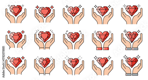 Collection of stylized heart-shaped gemstones held gently between open hands, symbolizing love, care, preciousness, and value. Each illustration features a faceted ruby-like gem radiating light and