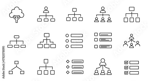 Collection of simple linear hierarchy outline icons, including organizational charts, tree diagrams, and checklist variations, suitable for web, books, cards, and apps, with editable stroke and