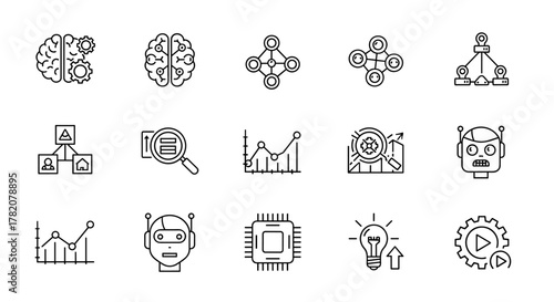 Machine learning line editable icon set with editable stroke, vector illustration, ordered line icon set on white background, featuring brains with gears, neural networks, organizational charts