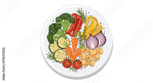 Veggie plate features broccoli peppers carrots zucchini tomatoes onions tofu cubes and herbs