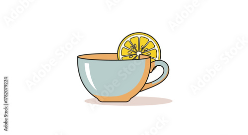 A blue teacup containing a lemon slice sits on a white surface with a light brown shadow