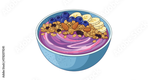 A bowl of acai with bananas blueberries almonds and granola