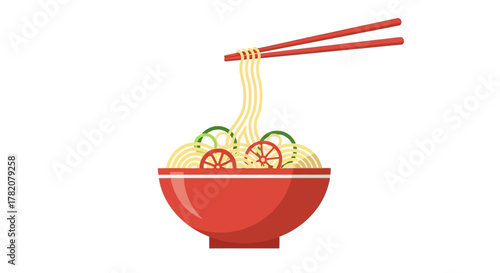 A bowl of noodles topped with slices of red garnish lifted by red chopsticks against a white background