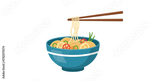 A bowl of noodles held by chopsticks featuring green onions and sliced peppers