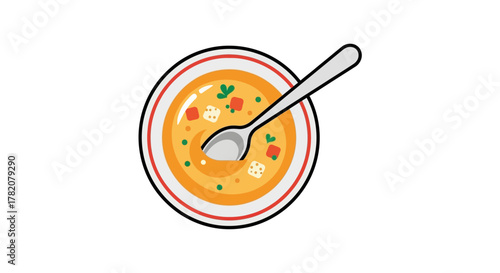 A bowl of soup with a spoon