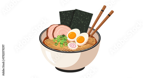 A bowl of ramen with nori pork slices eggs fish cake green onions chopsticks