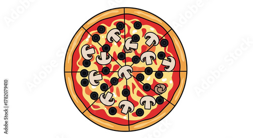 Vector illustration of pizza with mushrooms and olives on white background