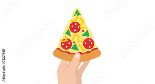 Hand holding a slice of pizza with toppings on white background