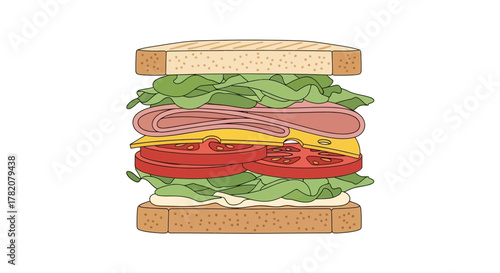 Colorful vector illustration of a layered sandwich with fresh ingredients