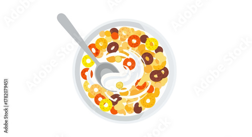 Colorful cereal bowl with milk and spoon on white background
