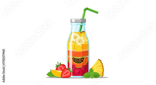 Colorful fruit juice bottle with straw on white background