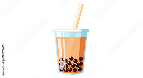 Illustration of bubble tea with tapioca pearls and straw