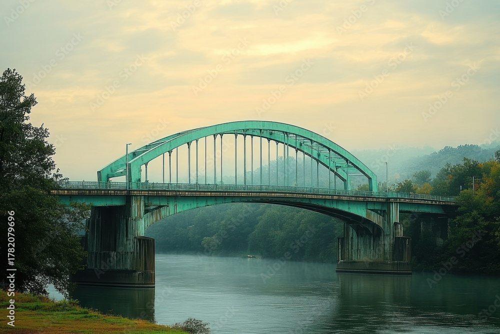 Naklejka premium calm misty morning with an old green arched bridge over a wide river surrounded by dense trees and soft cloudy sky
