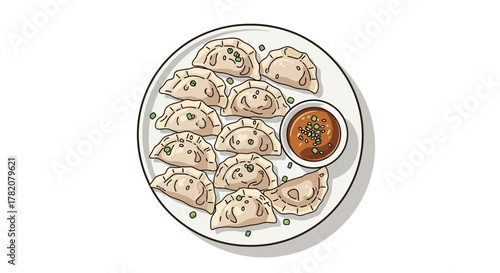Illustration of Dumplings on a Plate with Dipping Sauce