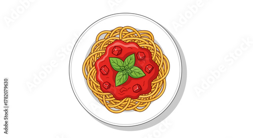 Vector illustration of spaghetti with tomato sauce and basil on plate