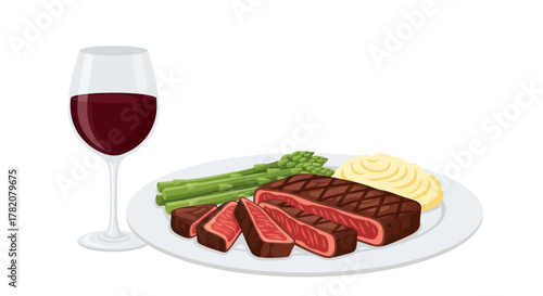 Grilled steak with asparagus and mashed potatoes on plate