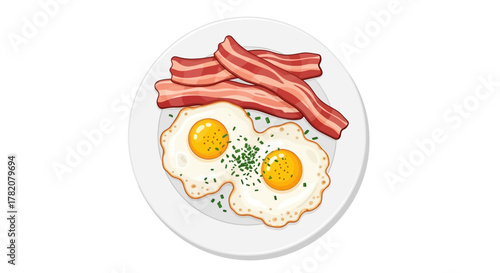 Vector illustration of fried eggs and bacon on a white plate