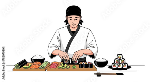 Chef preparing sushi rolls in traditional Japanese attire
