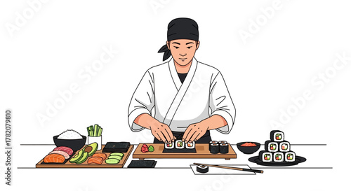 A sushi chef prepares sushi at a workstation stocked with ingredients and finished rolls