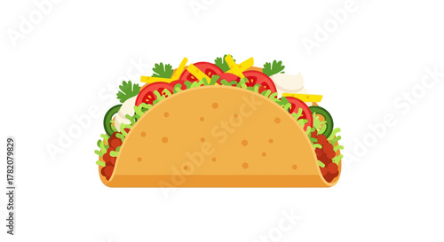 A taco filled with meat lettuce tomatoes cheese sour cream cilantro and jalapenos