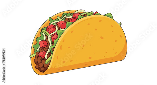 Colorful cartoon taco with beef, lettuce, and tomatoes on white background