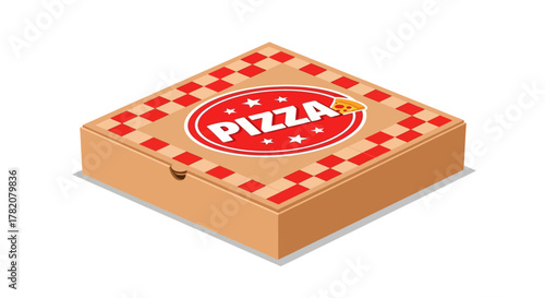 A tan square pizza box with red checkered trim and a pizza logo