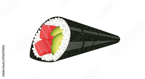 Vector illustration of a temaki sushi roll with tuna and avocado