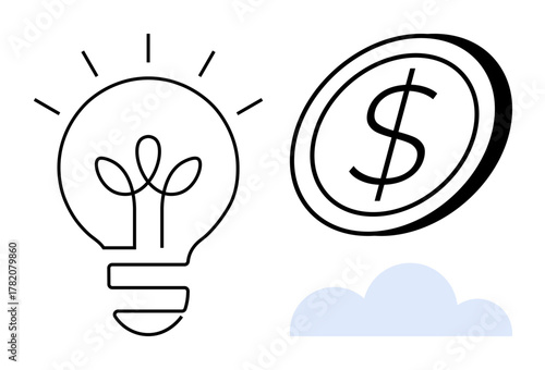Light bulb and coin with dollar sign emphasize innovation and monetary growth, paired with a minimalistic cloud. Ideal for finance, creativity, innovation, business, ideas, success simplicity. A