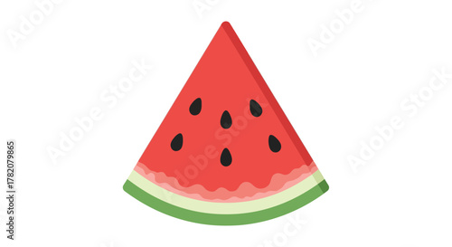 A watermelon slice with red flesh black seeds light green rind and a triangle shape against a white background