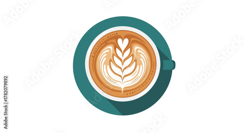 Top view of latte art in teal cup on white background