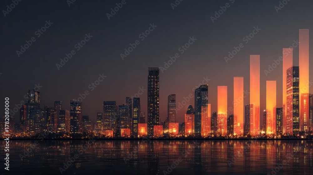 Fototapeta premium Urban Growth and Financial Rise: A captivating nighttime view of a bustling city skyline transformed into an upward-trending financial graph.