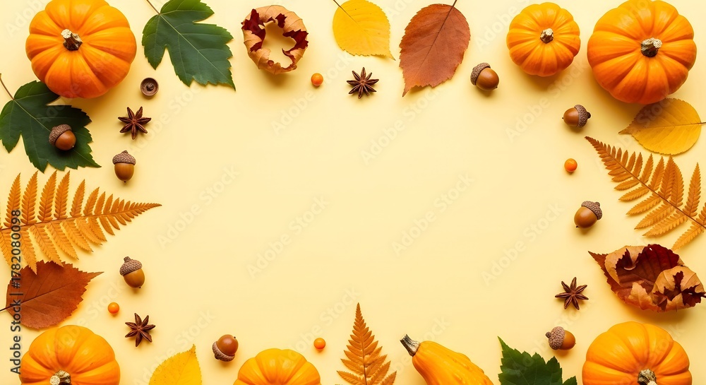 Fototapeta premium Frame of colorful autumn leaves and pumpkins on pastel yellow background, banner template for Thanksgiving autumn harvest Halloween or seasonal invitation, with copyspace for text.