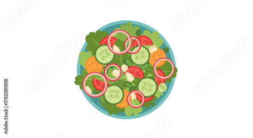 An overhead shot of a salad in a blue bowl with cucumbers tomatoes onions and salad greens