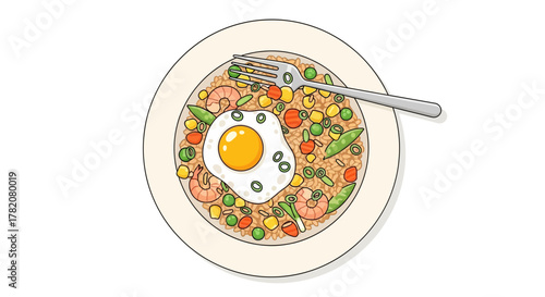 An overhead shot of a plate of fried rice topped with a fried egg and a fork laid across the top