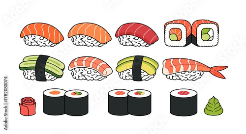 Assortment of sushi with nigiri rolls ginger and wasabi arranged on a white background