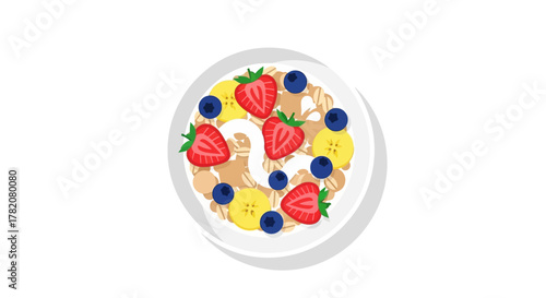 Bowl of oatmeal with strawberries bananas blueberries and a swirl of yogurt on a white background with a light shadow
