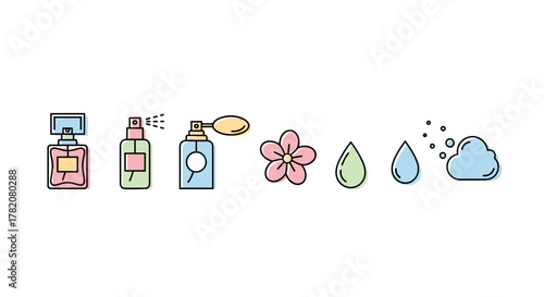 A collection of linear icons representing perfume bottles, a flower, water drops, and a cloud, symbolizing fragrance, natural ingredients, and freshness, perfect for graphic design, web, and print
