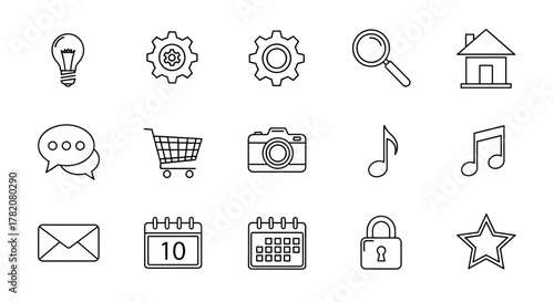 Collection of simple, linear, outline icons suitable for web, books, cards, and apps, featuring a lightbulb, gears, magnifying glass, house, speech bubbles, shopping cart, camera, musical notes