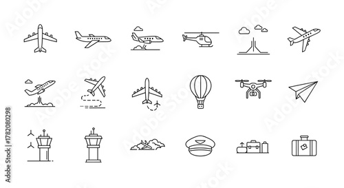 A comprehensive collection of minimalistic line icons representing various modes of air travel and aviation elements, including airplanes, helicopters, drones, hot air balloons, control towers