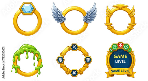 Set of six golden ring frames for game avatars, isolated on a white background. These vector cartoon illustrations feature decorative borders with a blue gemstone, silver wings, gold wings, green