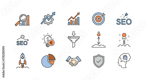 Vibrant set of line-style web icons representing SEO optimization, search engine marketing, business growth, traffic analysis, target achievement, idea generation, lead funnel, collaboration