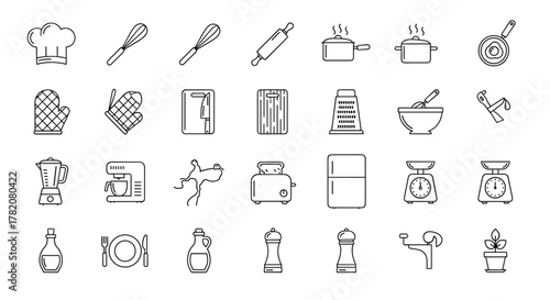 A comprehensive collection of outline icons representing cooking and kitchen essentials, featuring a clean, linear design with editable strokes. This vector illustration provides an ordered line icon