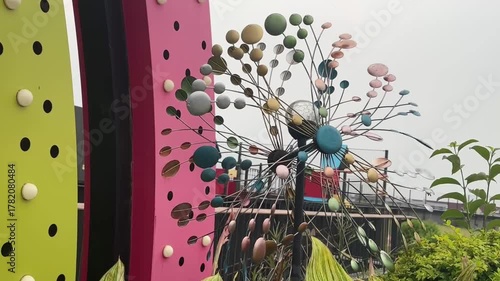 屋外に展示されたカラフルなモダンアートオブジェの映像