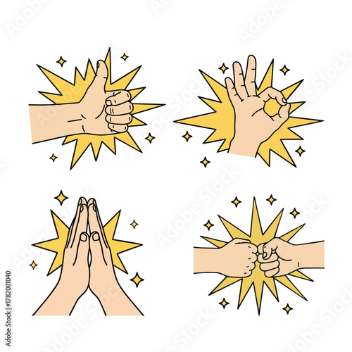 Vector Set of Sparkle Hand Gestures: Thumbs Up, OK Sign, Praying Hands, and Fist Bump with Yellow Burst