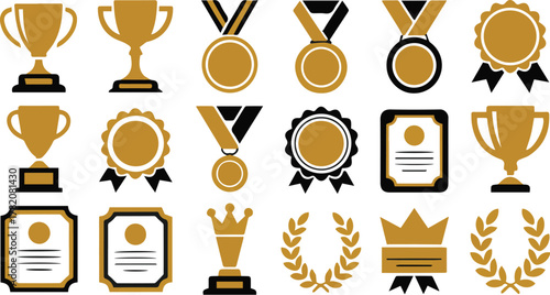 Gold, silver, and bronze trophy and medal award icons set for sport or business prize winner illustration