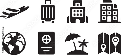 Cartoon vector set of travel icons featuring business and people symbols for web design